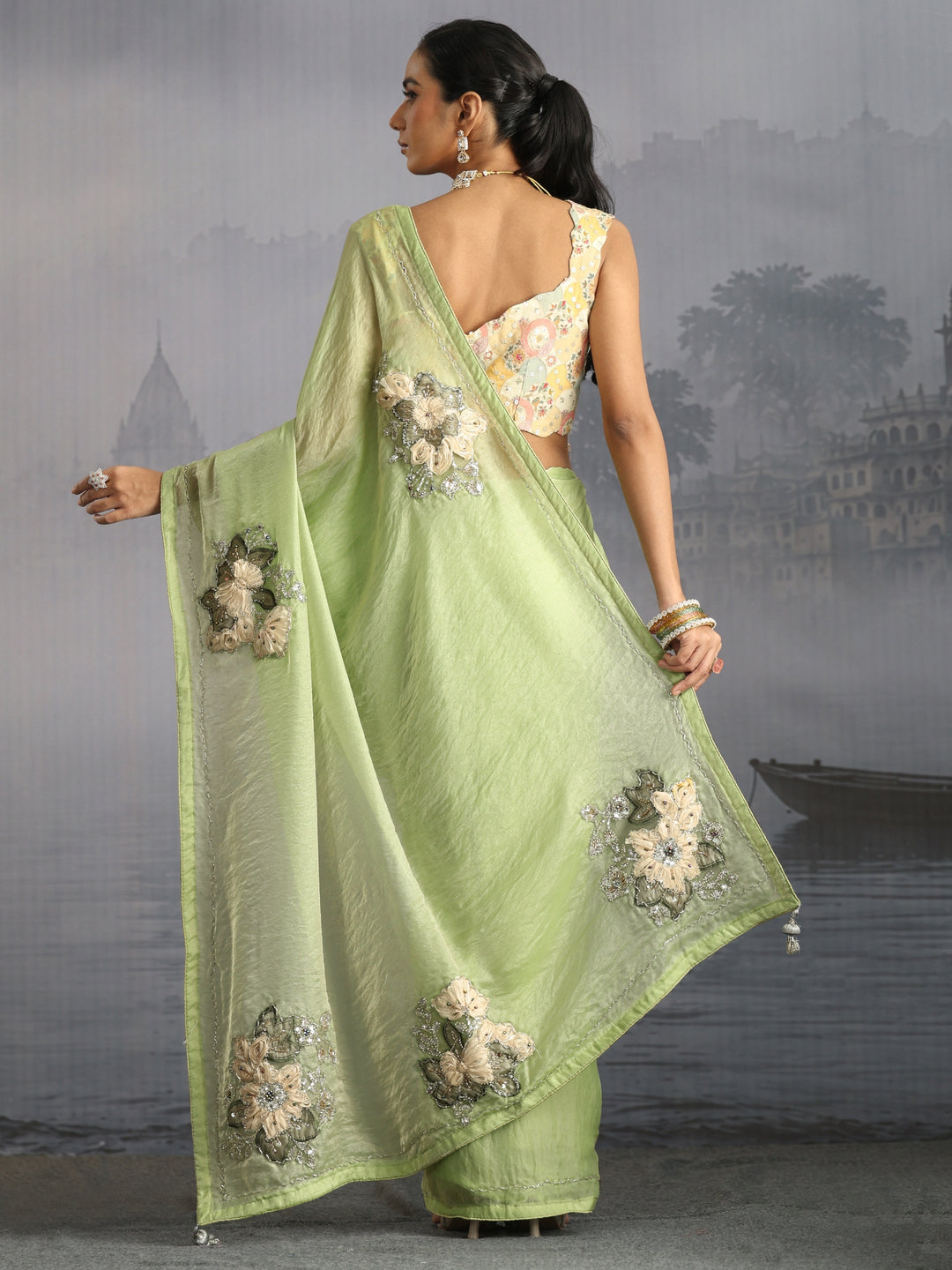 Libas Green Embellished Tissue Saree with Applique Work