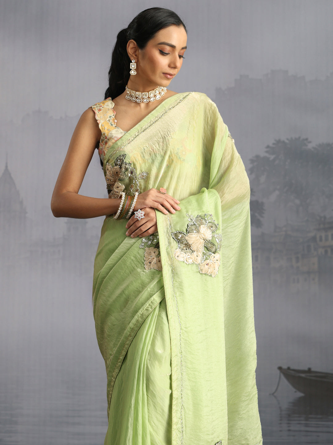 Libas Green Embellished Tissue Saree with Applique Work