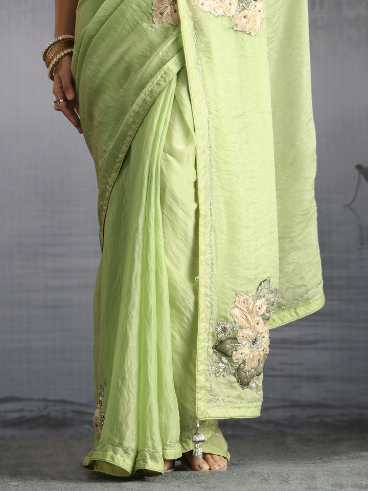 Libas Green Embellished Tissue Saree with Applique Work