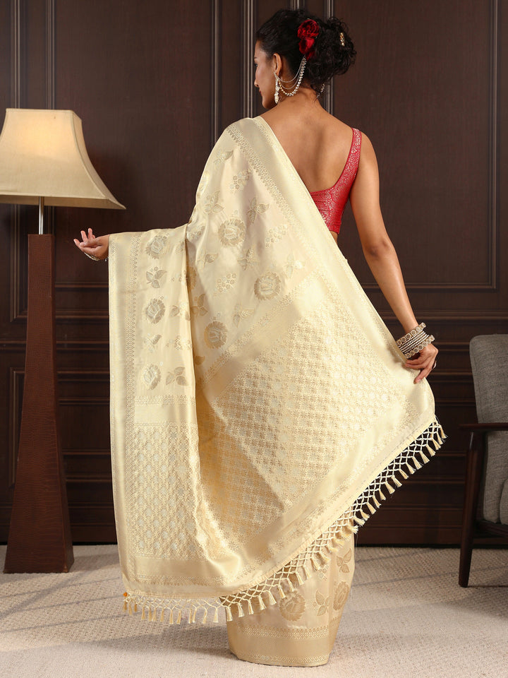 Libas Cream Floral Woven Design Silk Blend Tassel Saree