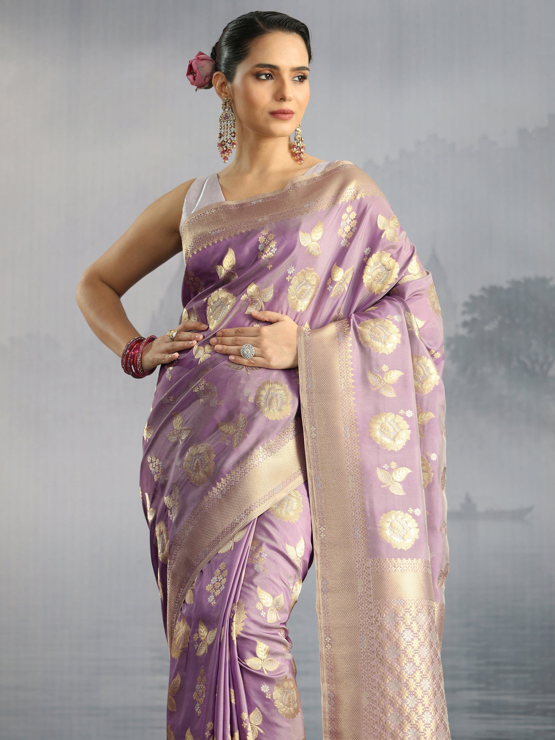 Libas Lavender Floral Woven Design Silk Blend Saree