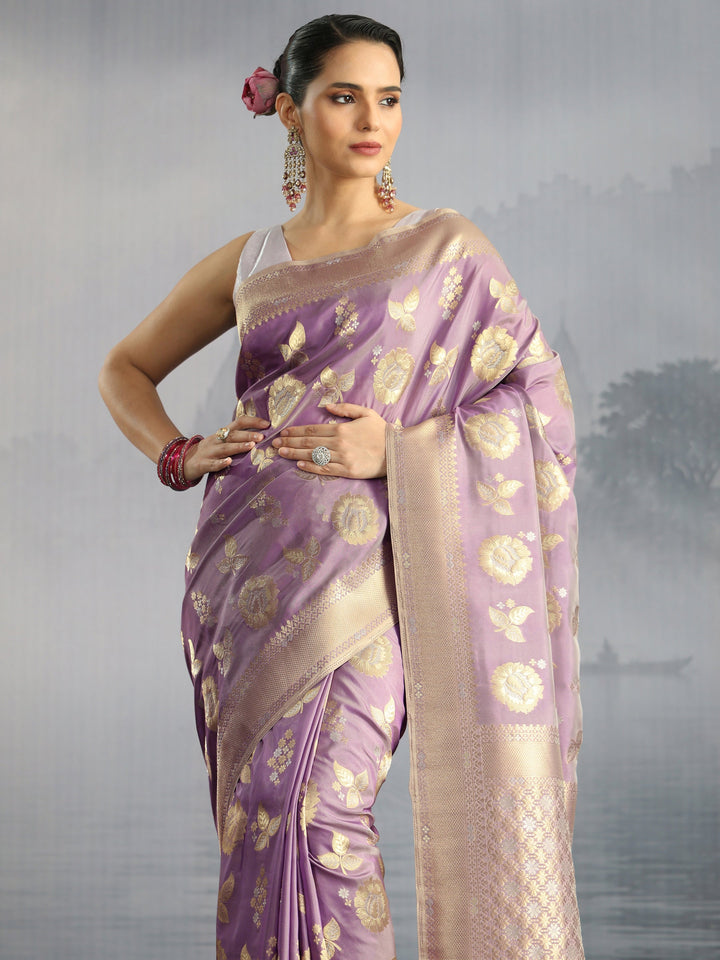 Libas Lavender Floral Woven Design Silk Blend Saree