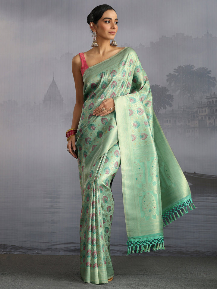Libas Sea Green Mughal Woven Design Silk Blend Saree