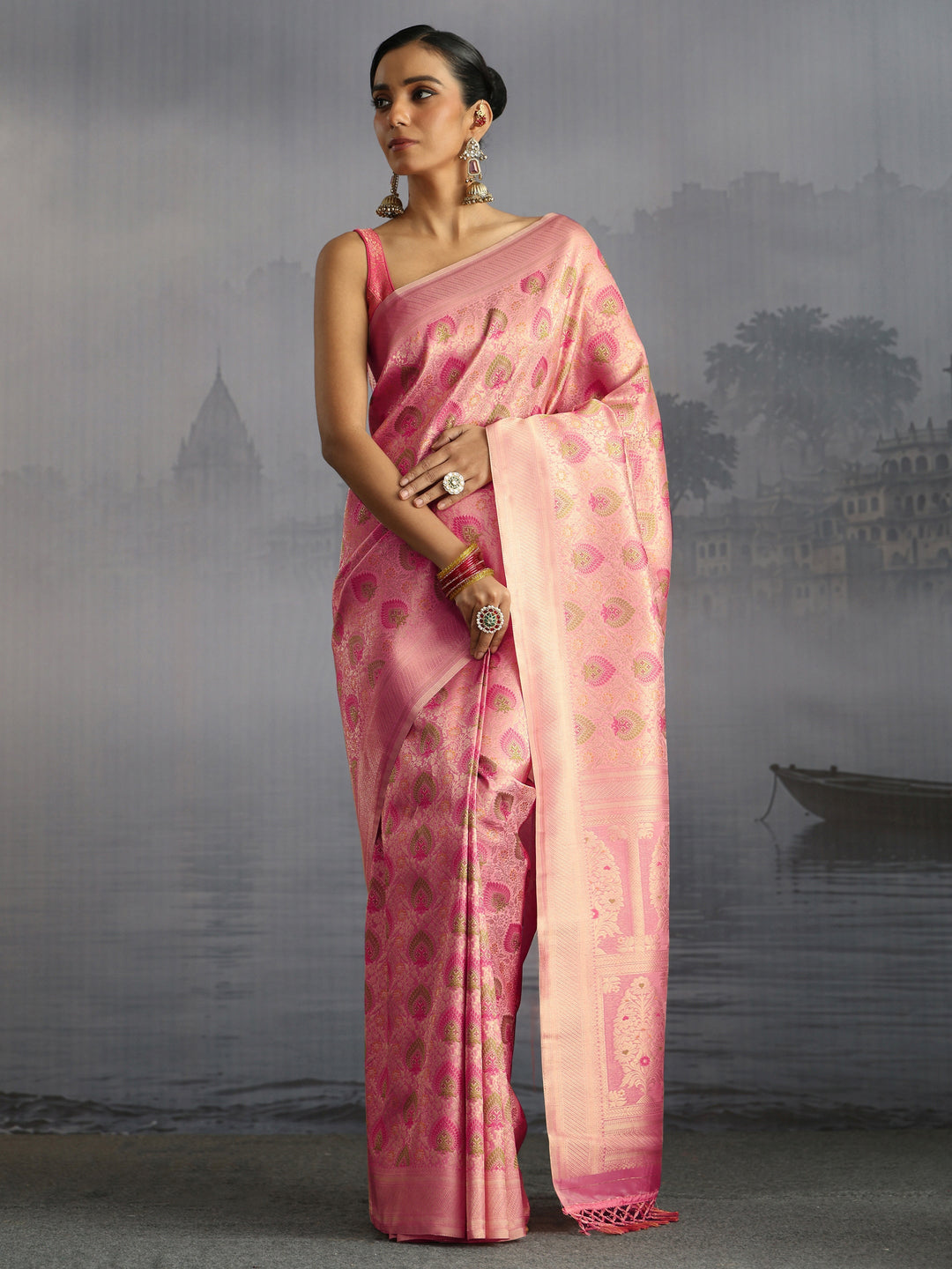 Libas Baby Pink Mughal Woven Design Silk Blend Saree