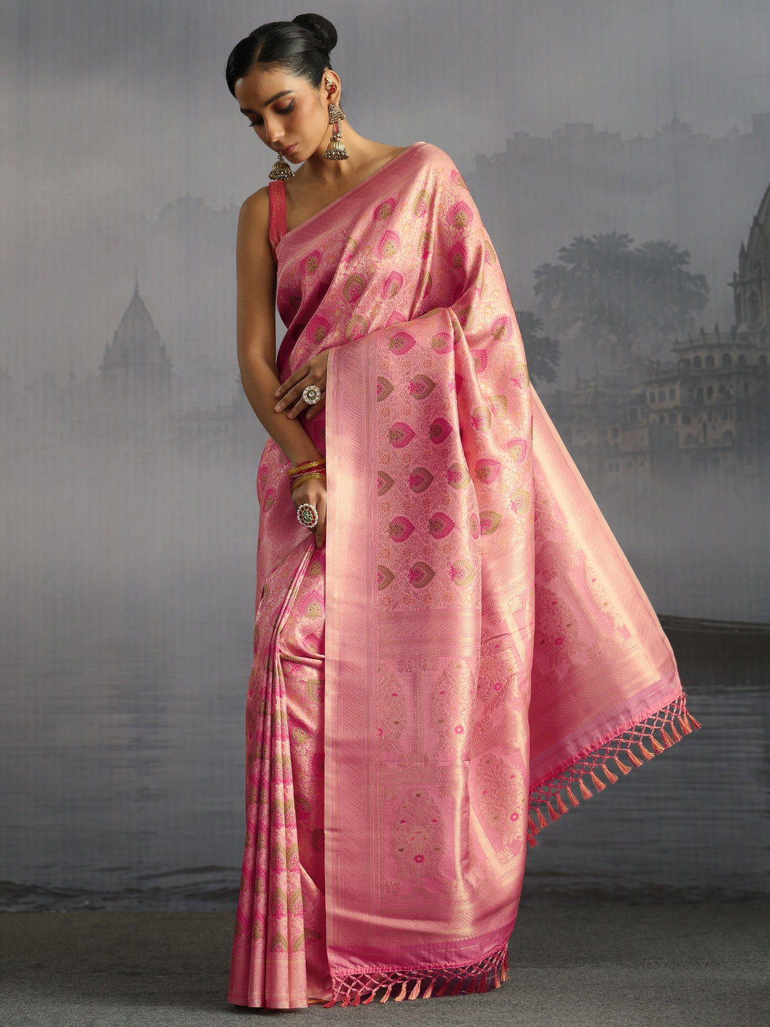 Libas Baby Pink Mughal Woven Design Silk Blend Saree