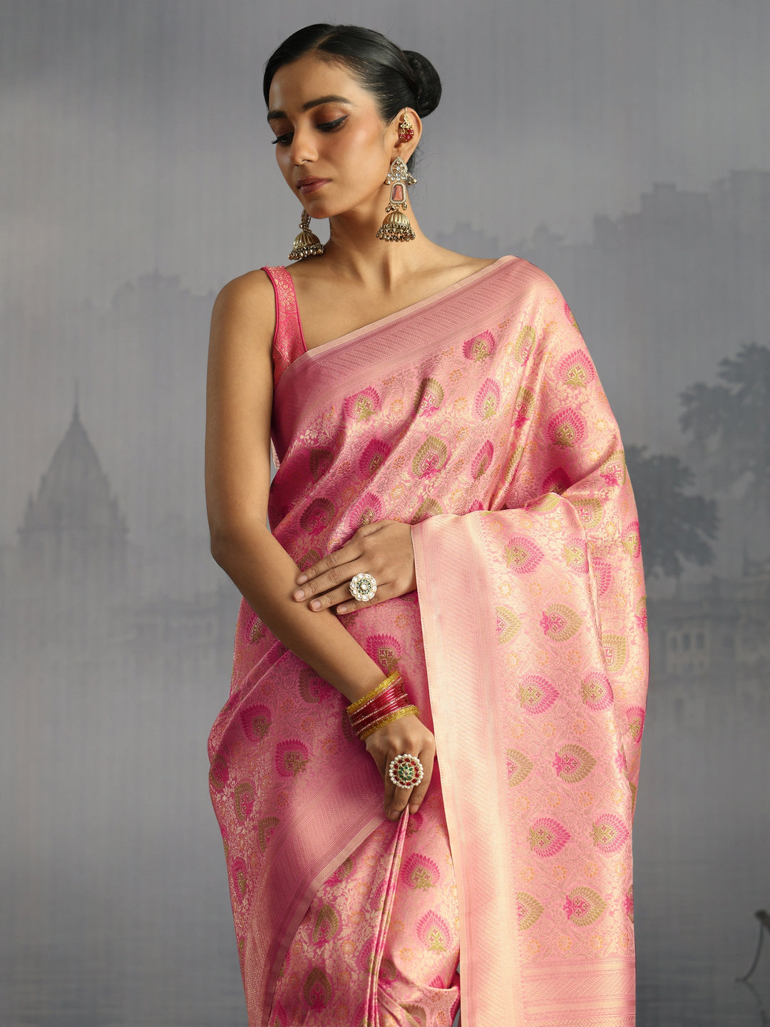 Libas Baby Pink Mughal Woven Design Silk Blend Saree