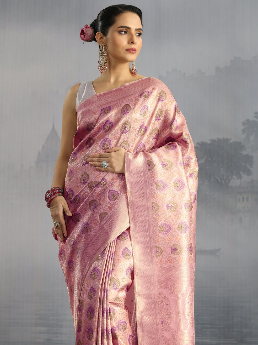 Libas Lavender Mughal Woven Design Silk Blend Saree