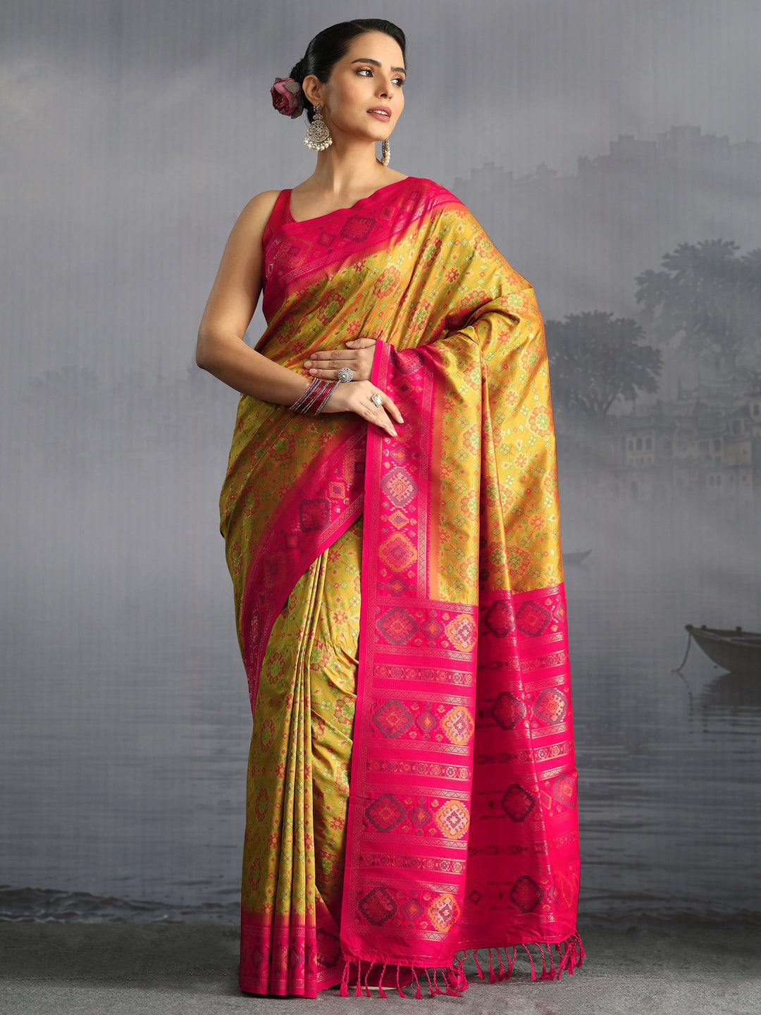 Libas Mustard Floral Woven Design Silk Blend Saree
