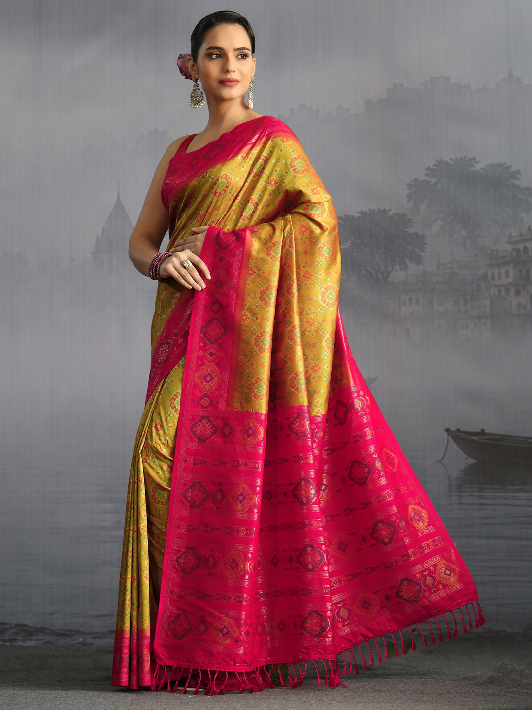 Libas Mustard Floral Woven Design Silk Blend Saree