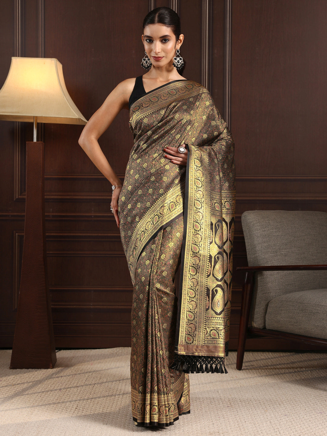 Libas Black Ethnic Brocade Tassel Saree