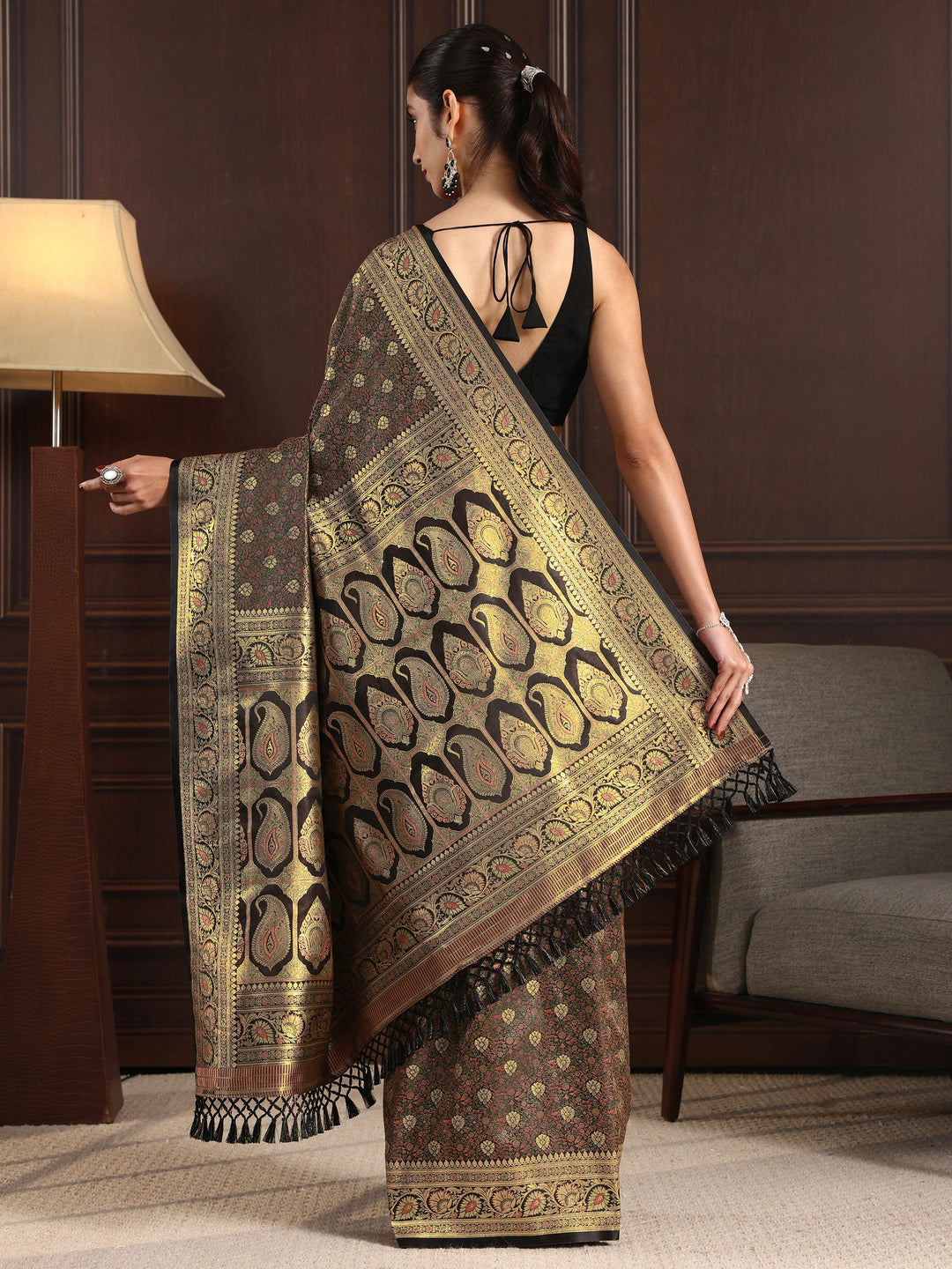 Libas Black Ethnic Brocade Tassel Saree