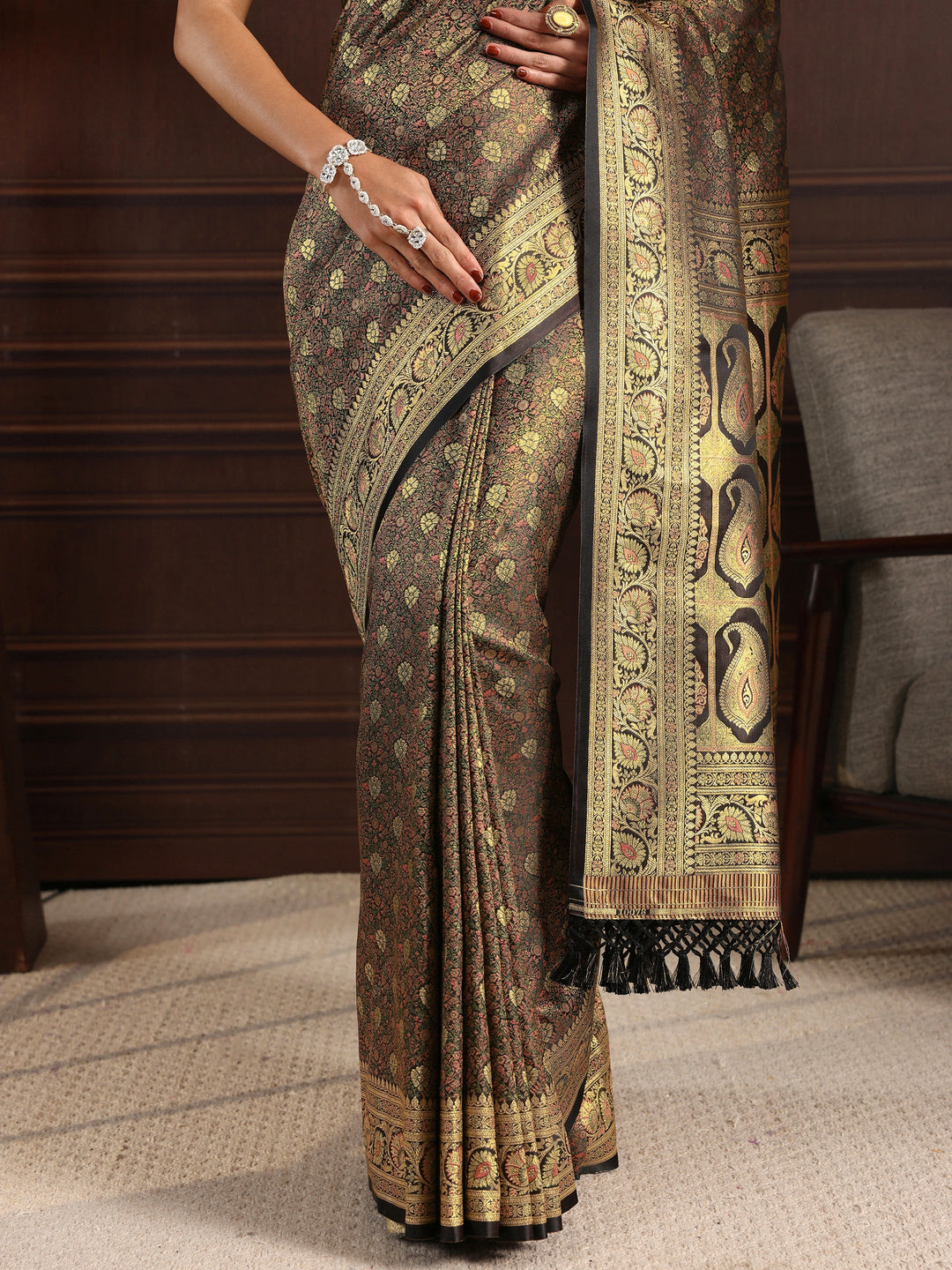 Libas Black Ethnic Brocade Tassel Saree