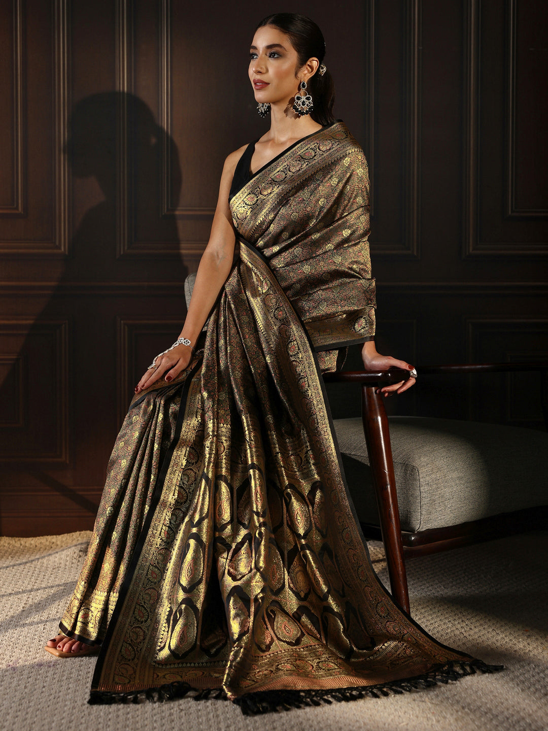 Libas Black Ethnic Brocade Tassel Saree