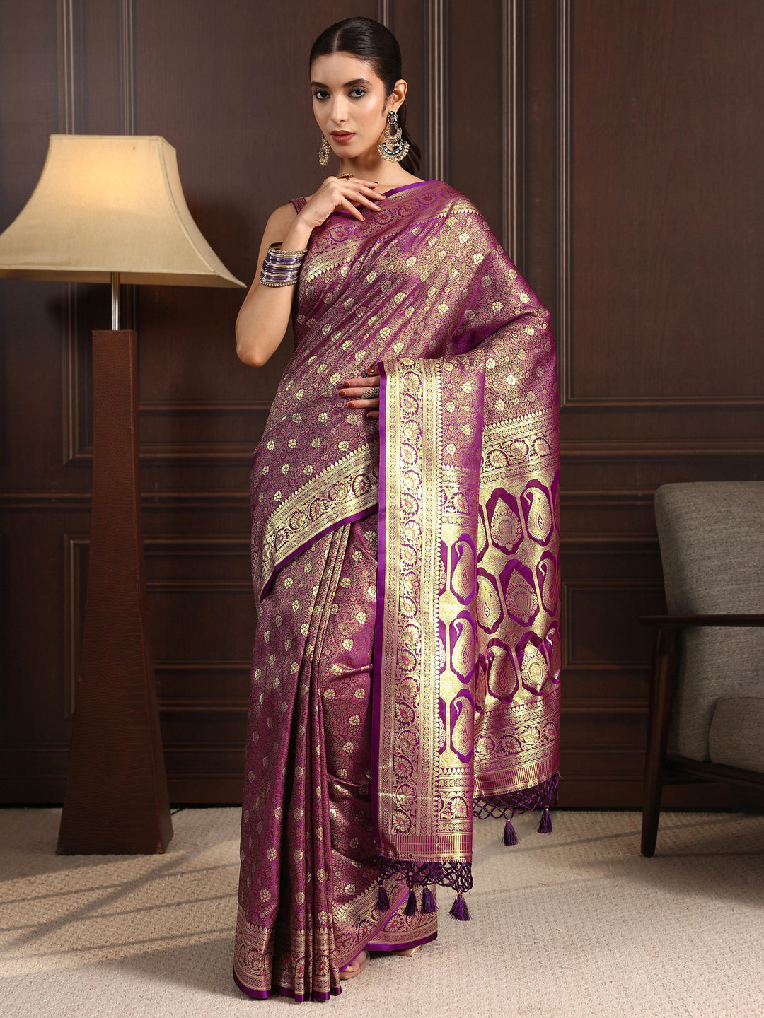 Libas Royal Purple Ethnic Brocade Tassel Saree