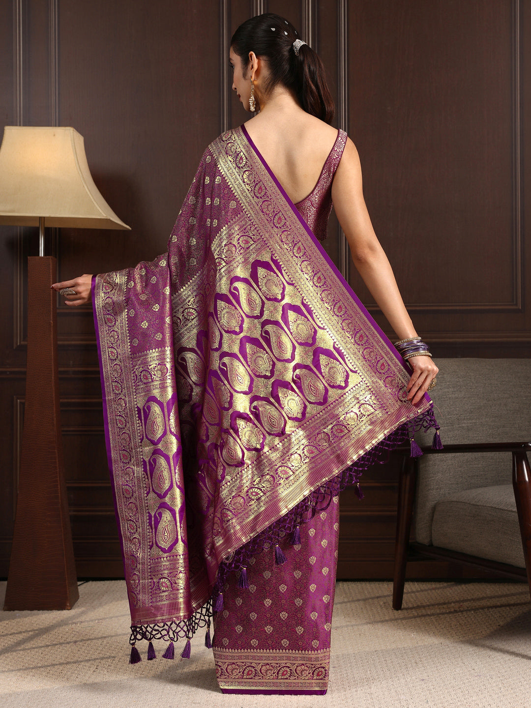 Libas Royal Purple Ethnic Brocade Tassel Saree