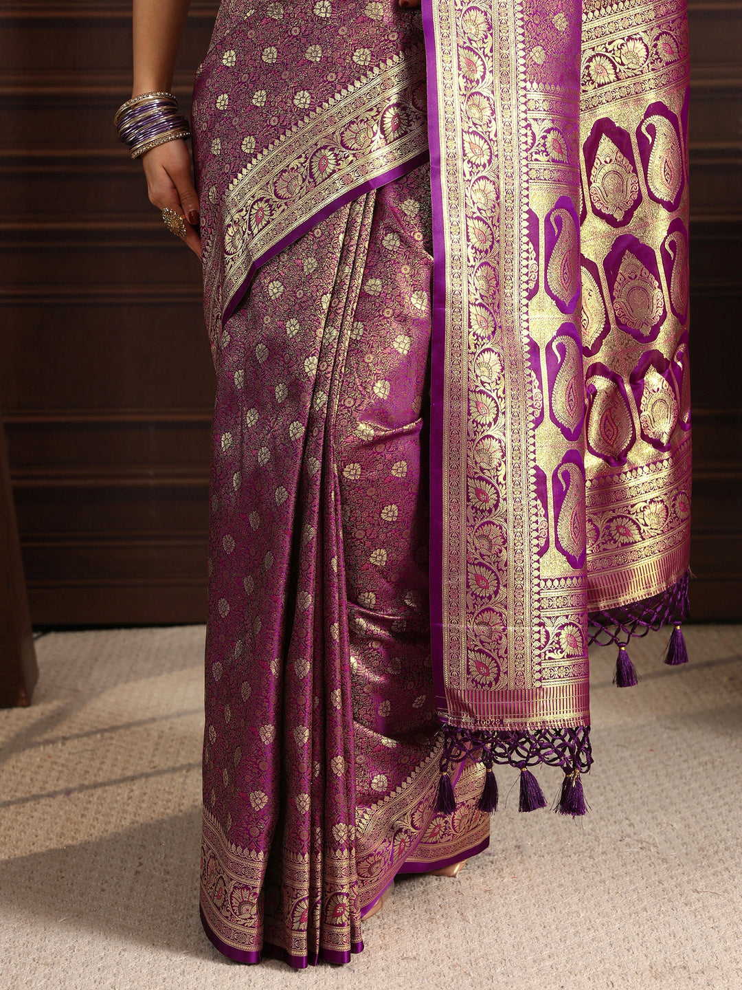 Libas Royal Purple Ethnic Brocade Tassel Saree