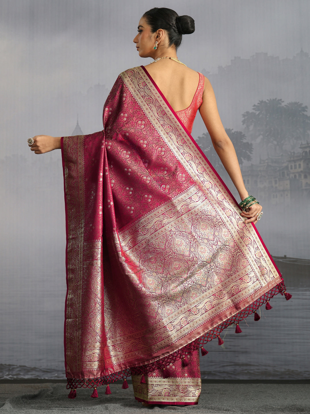 Libas Maroon Mughal Design Brocade Saree