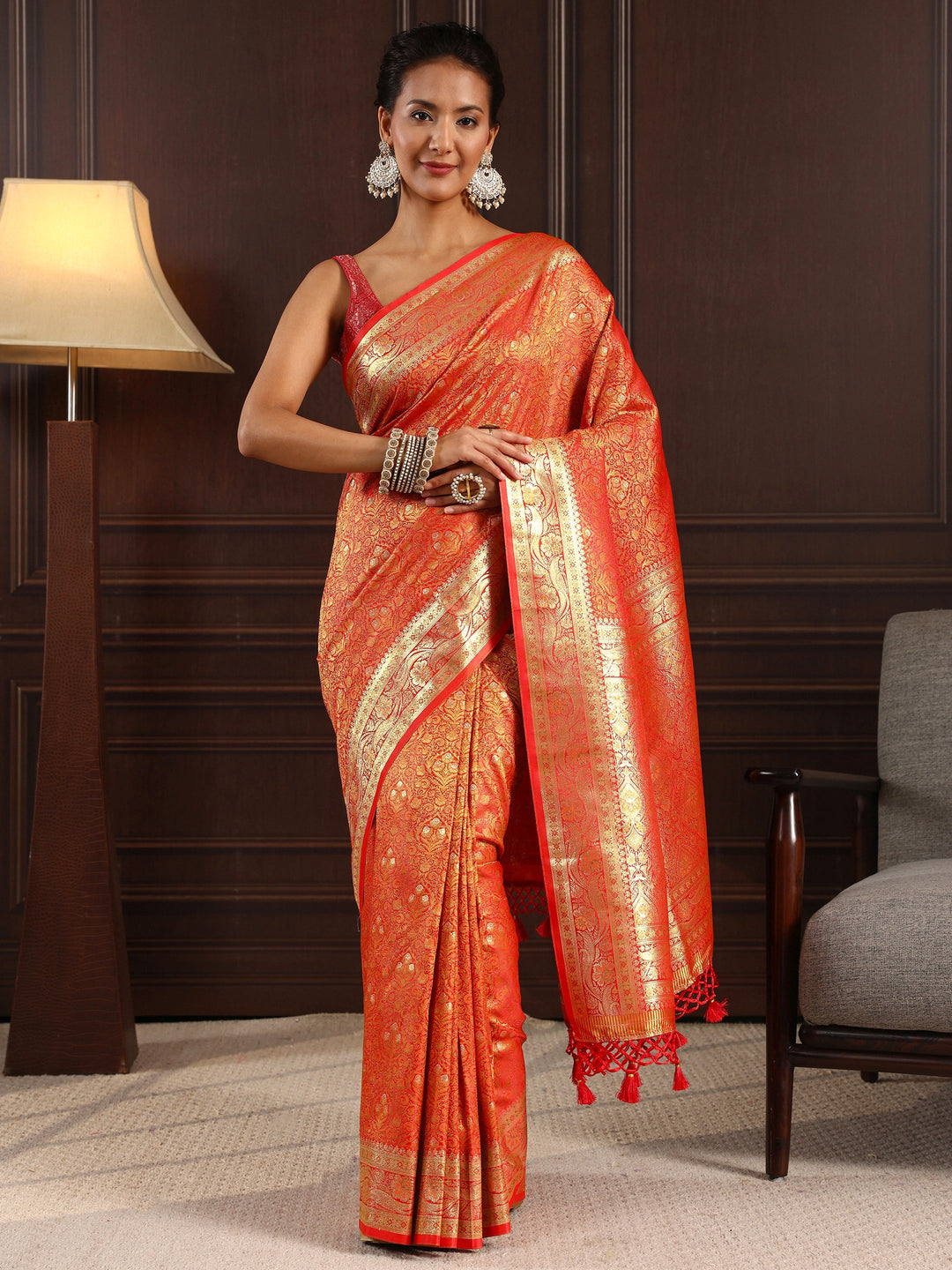 Libas Orange Ethnic Brocade Tassel Saree