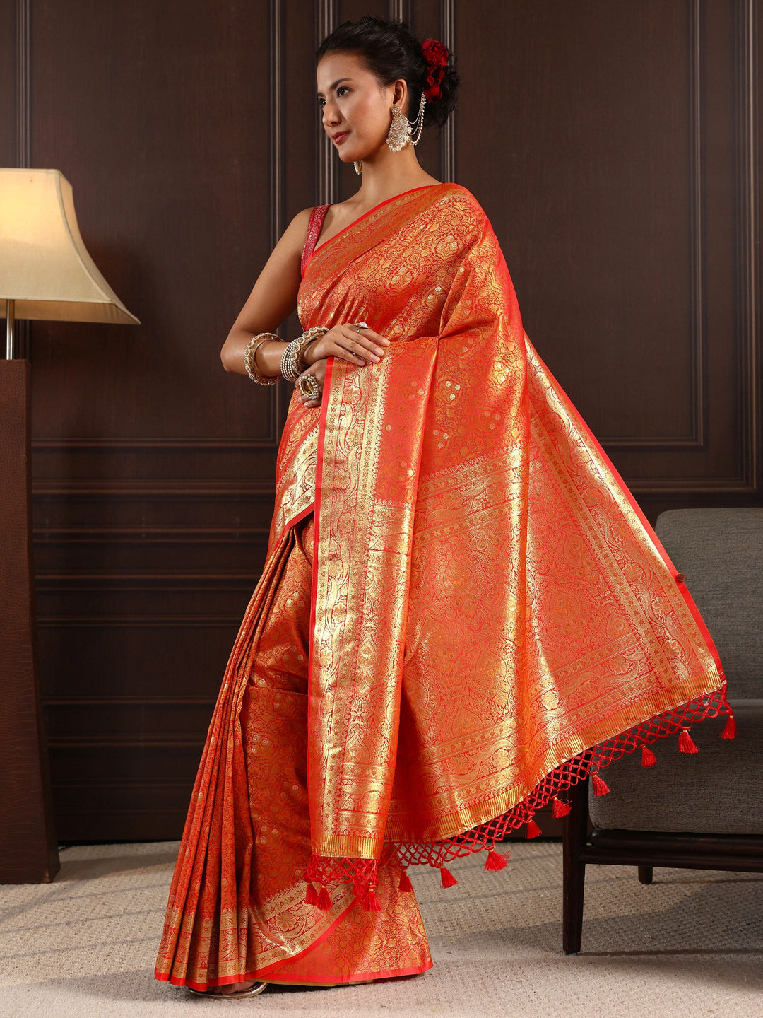Libas Orange Ethnic Brocade Tassel Saree