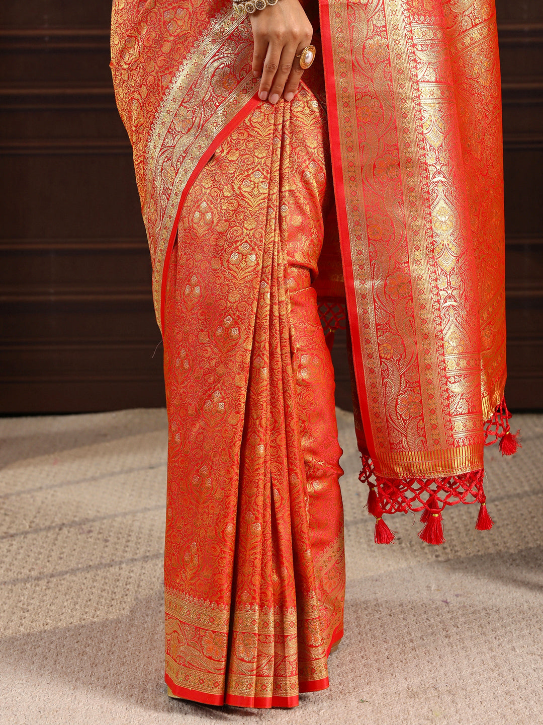 Libas Orange Ethnic Brocade Tassel Saree