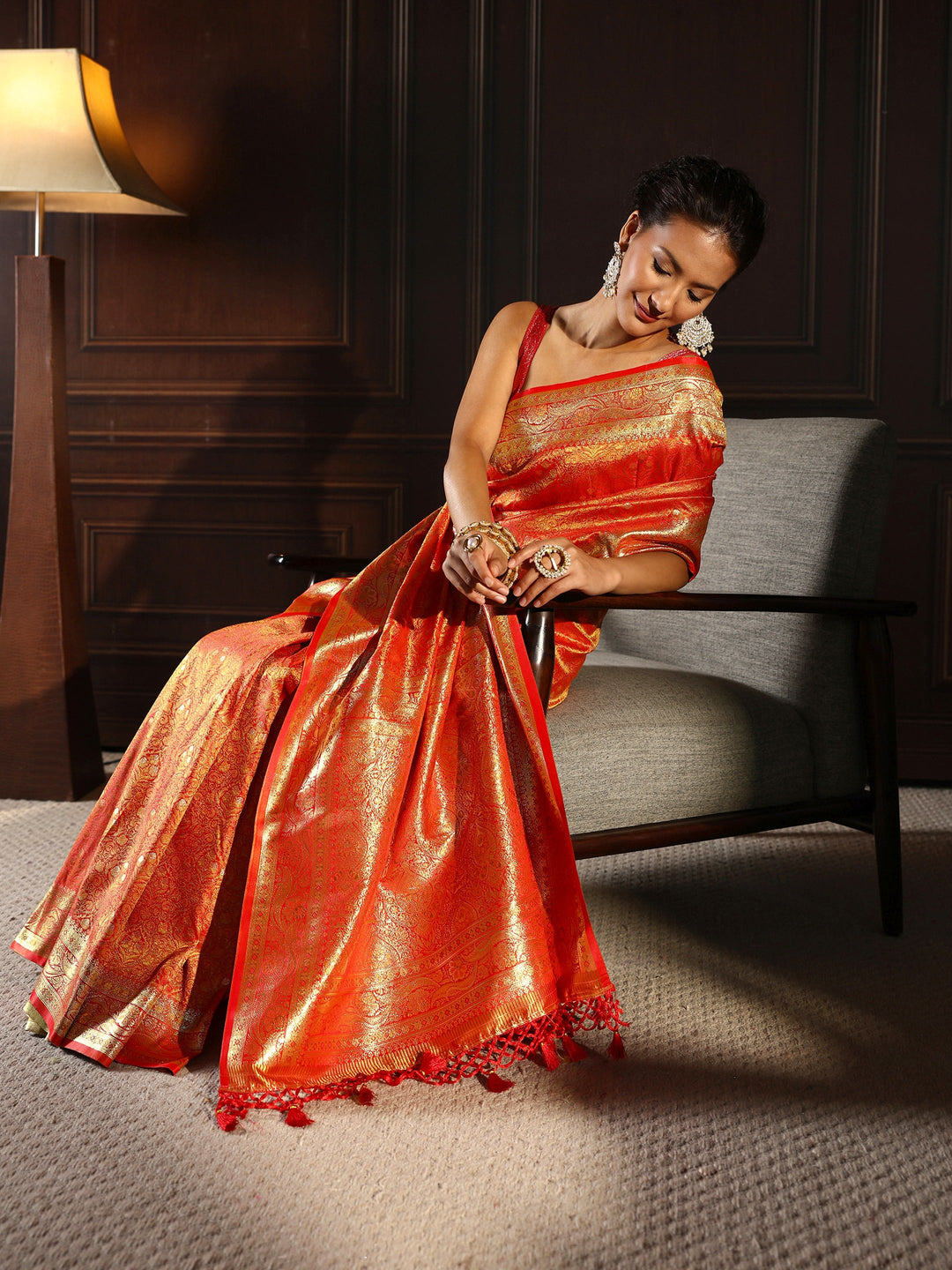 Libas Orange Ethnic Brocade Tassel Saree