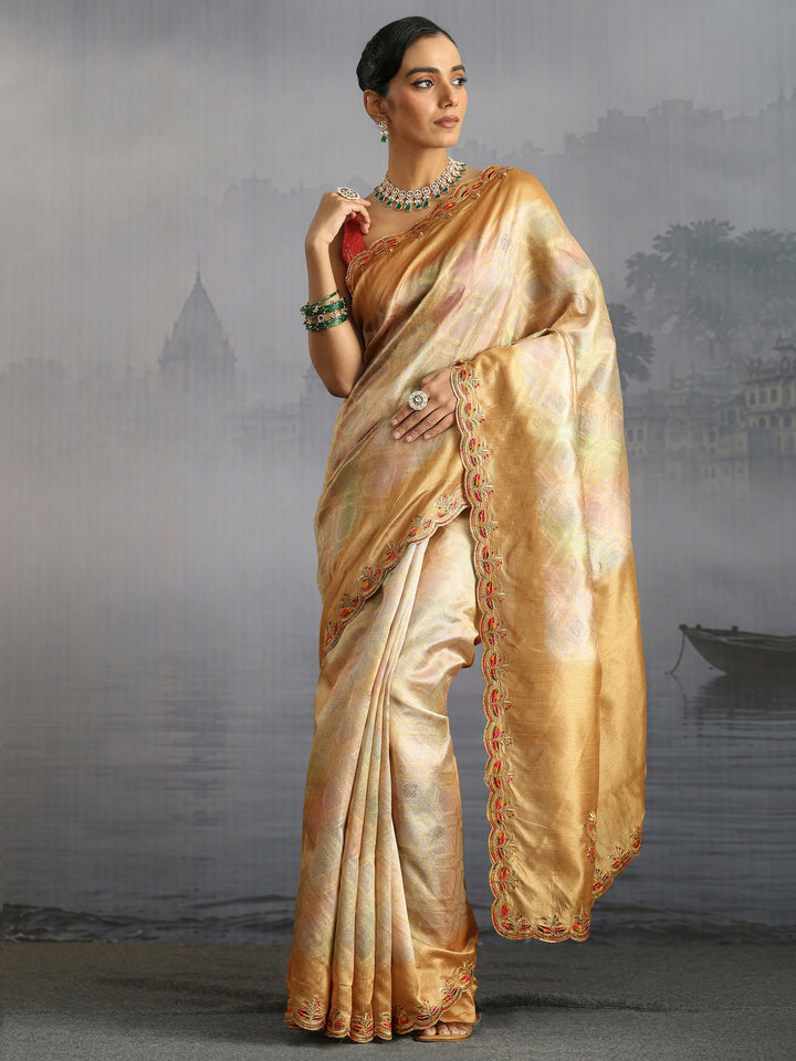 Libas Mustard Silk Blend Saree with Embroidered Border