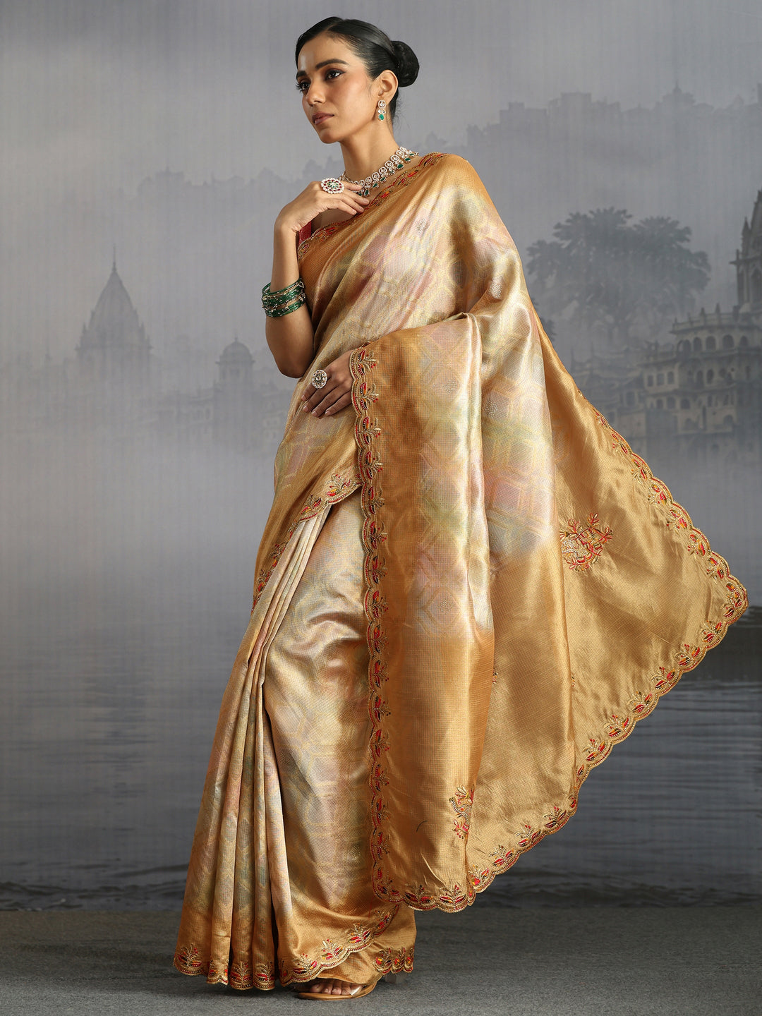 Libas Mustard Silk Blend Saree with Embroidered Border