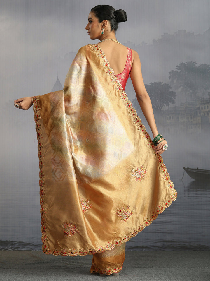 Libas Mustard Silk Blend Saree with Embroidered Border