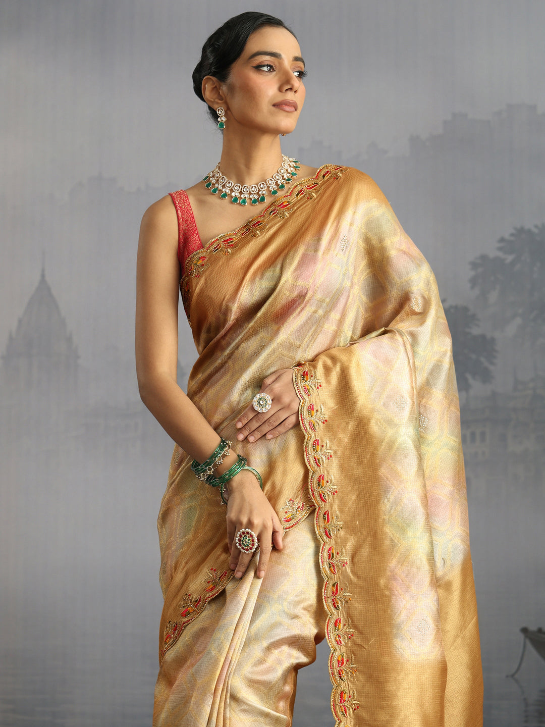 Libas Mustard Silk Blend Saree with Embroidered Border