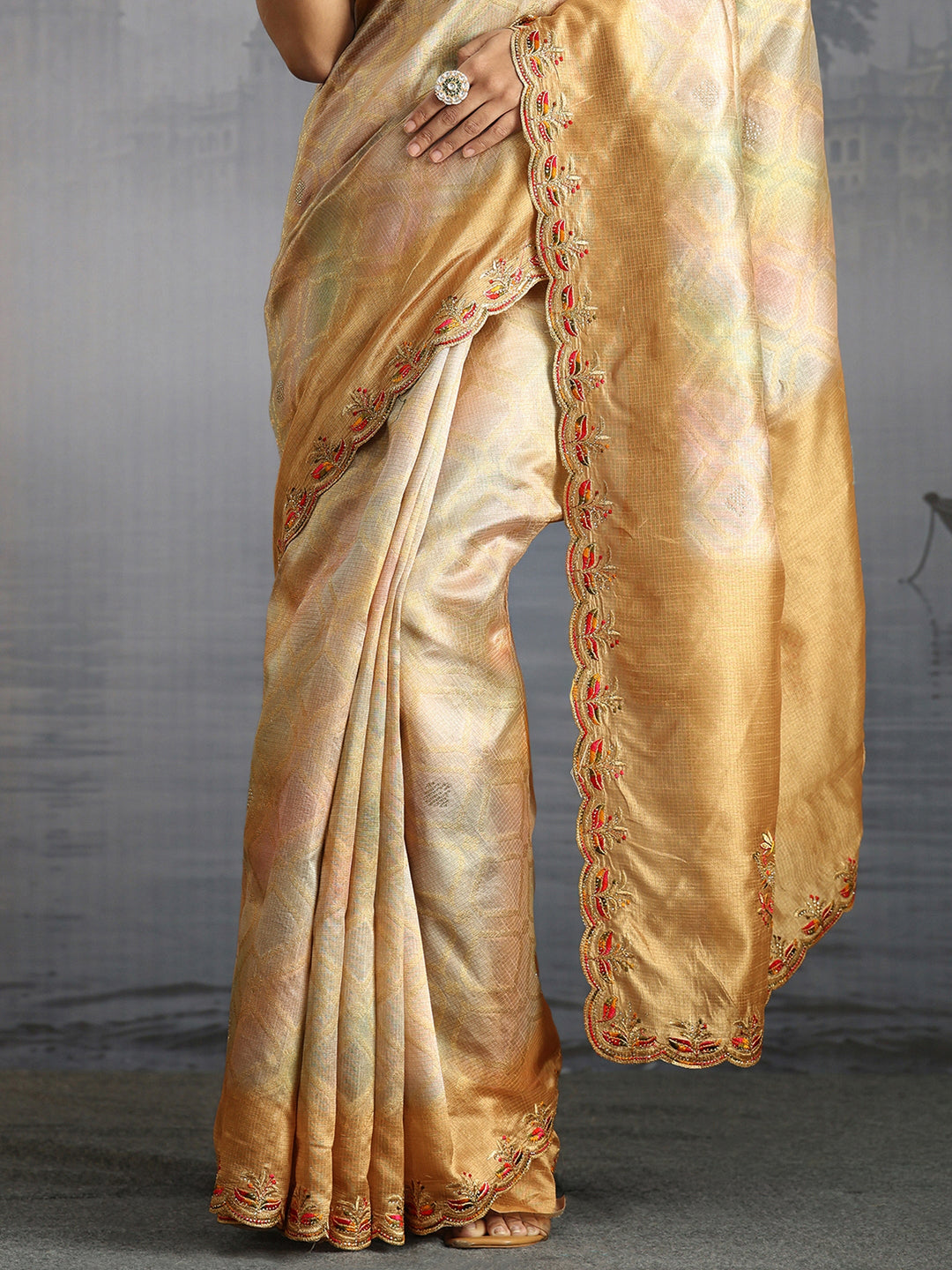 Libas Mustard Silk Blend Saree with Embroidered Border