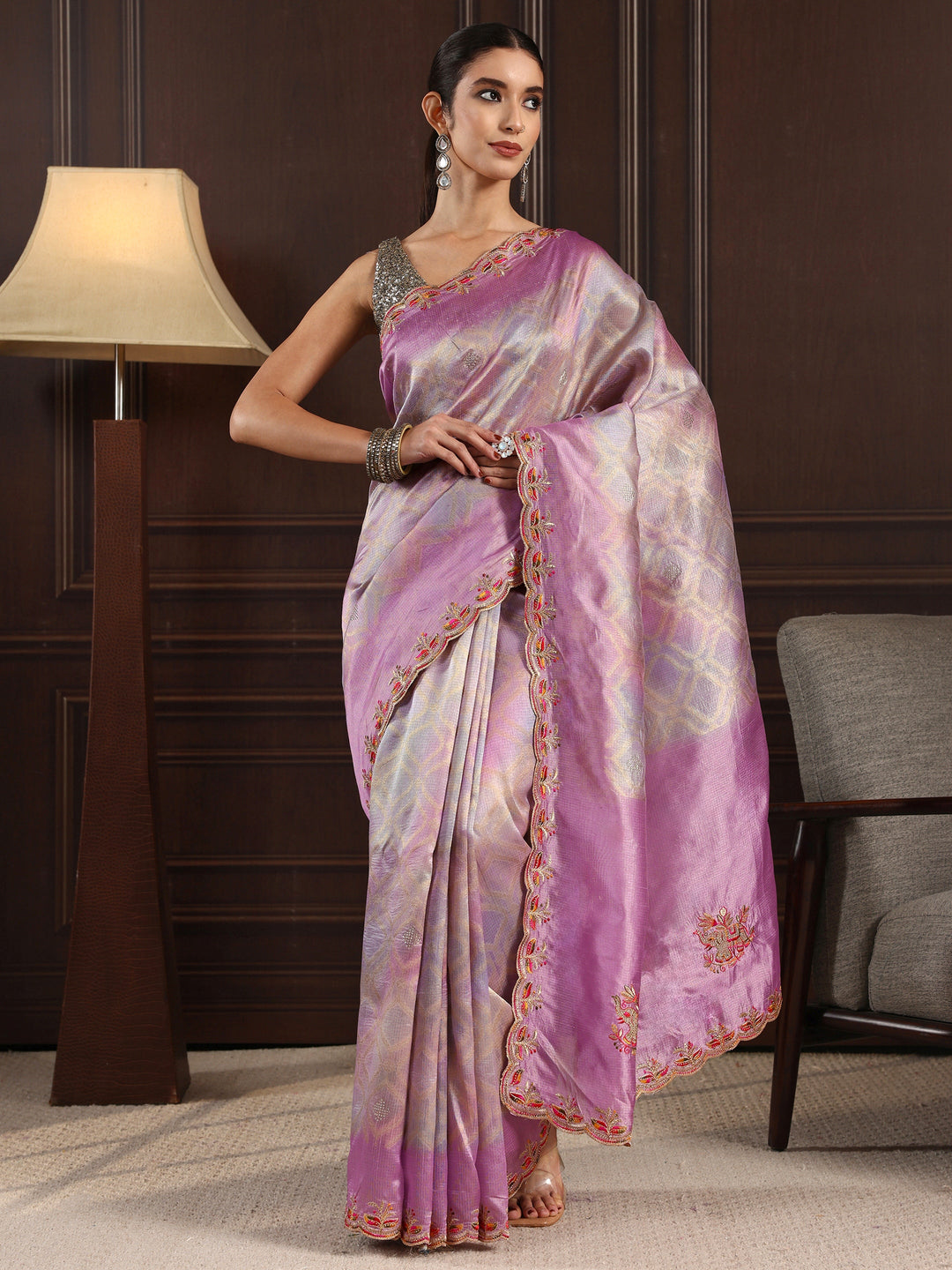 Libas Lavender Woven Design Silk Blend Saree with Embroidered Border