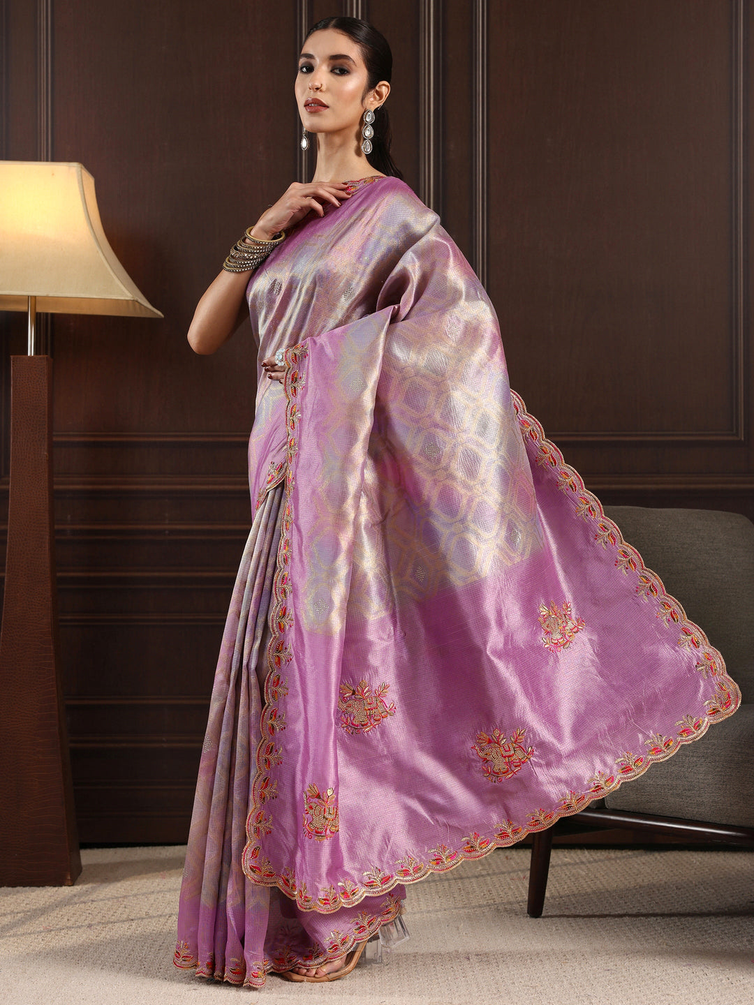 Libas Lavender Woven Design Silk Blend Saree with Embroidered Border