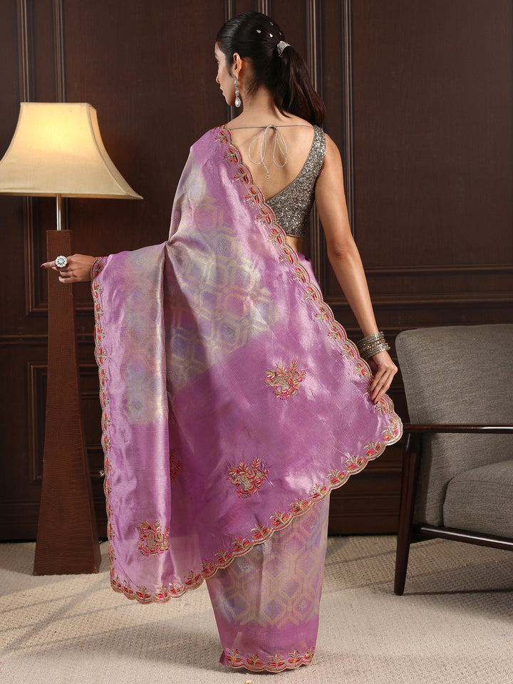 Libas Lavender Woven Design Silk Blend Saree with Embroidered Border