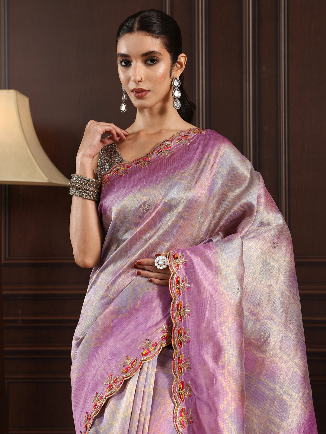 Libas Lavender Woven Design Silk Blend Saree with Embroidered Border