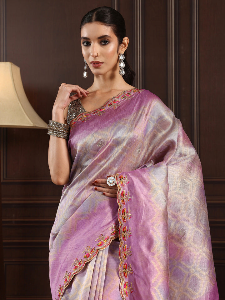 Libas Lavender Woven Design Silk Blend Saree with Embroidered Border