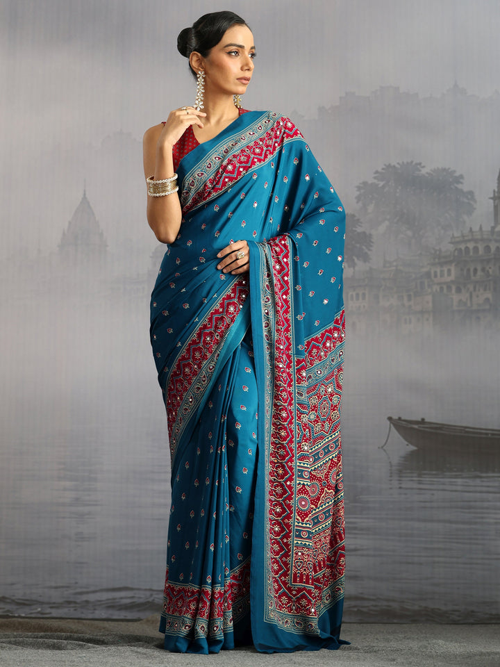 Libas Cobalt Blue Ajrakh Print Mirror Work Satin Saree