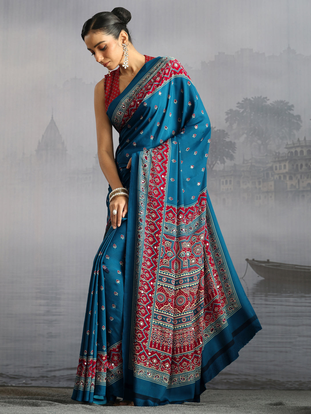 Libas Cobalt Blue Ajrakh Print Mirror Work Satin Saree