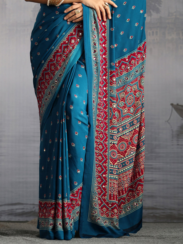 Libas Cobalt Blue Ajrakh Print Mirror Work Satin Saree
