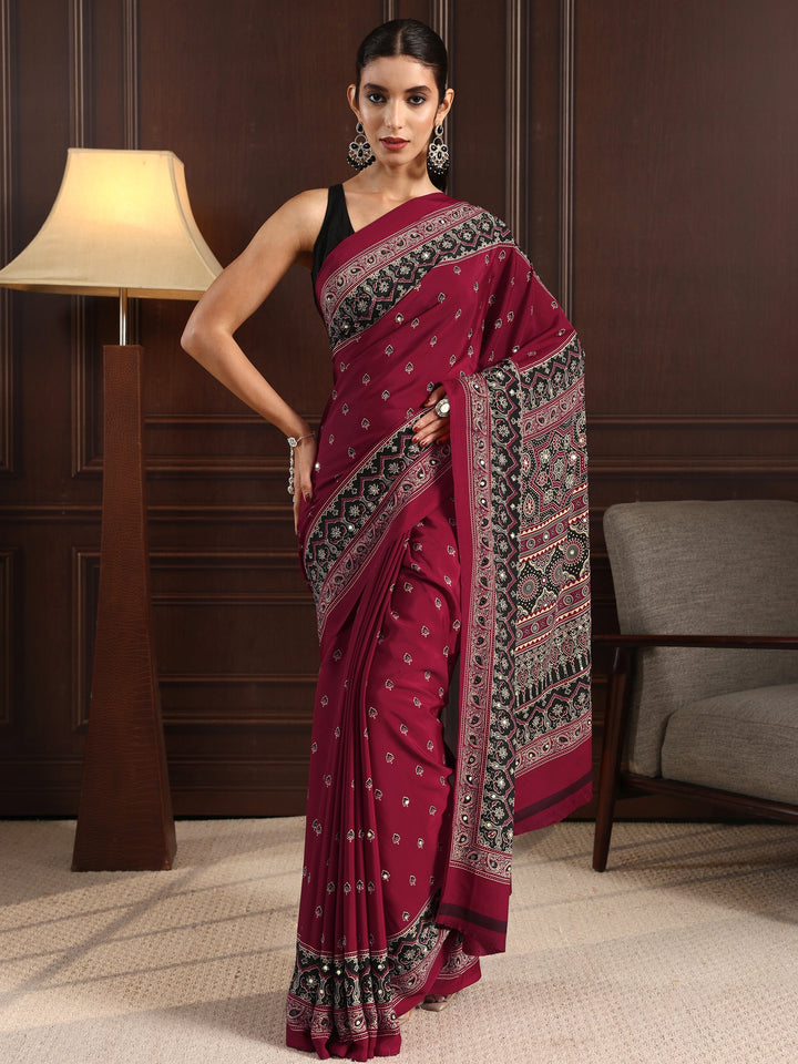 Libas Maroon Ajrakh Print Mirror Work Satin Saree
