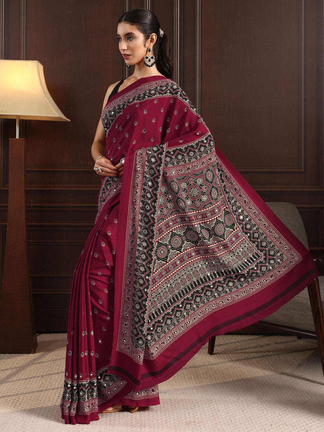 Libas Maroon Ajrakh Print Mirror Work Satin Saree