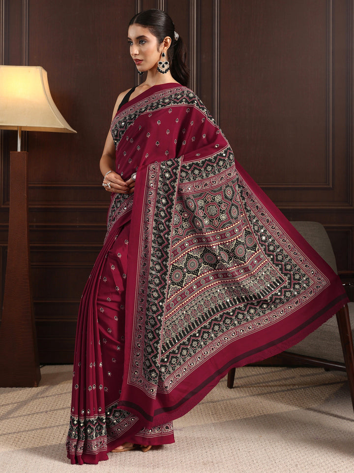 Libas Maroon Ajrakh Print Mirror Work Satin Saree
