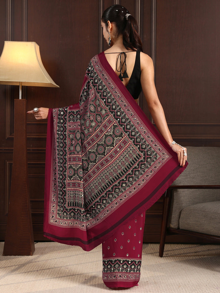 Libas Maroon Ajrakh Print Mirror Work Satin Saree