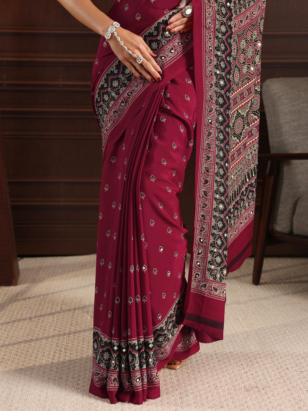 Libas Maroon Ajrakh Print Mirror Work Satin Saree