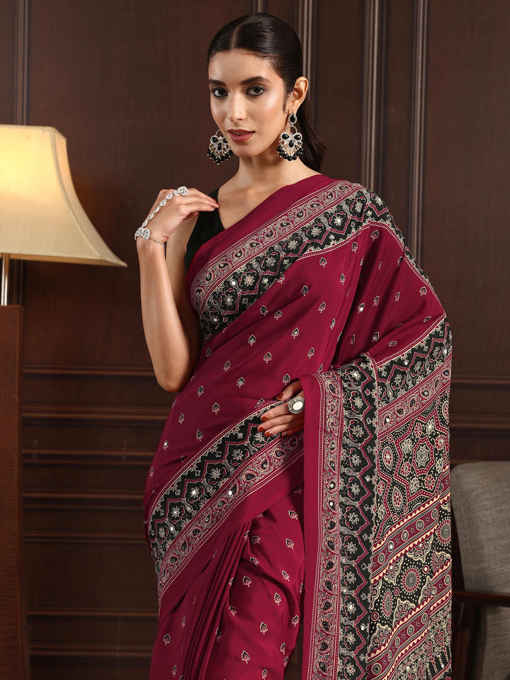 Libas Maroon Ajrakh Print Mirror Work Satin Saree