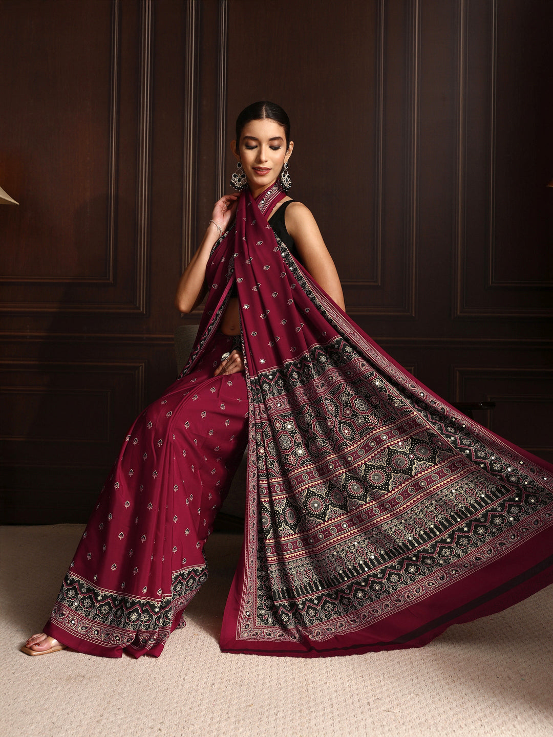 Libas Maroon Ajrakh Print Mirror Work Satin Saree