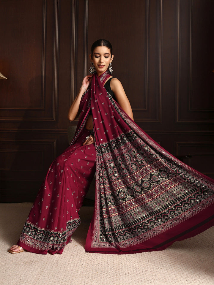 Libas Maroon Ajrakh Print Mirror Work Satin Saree