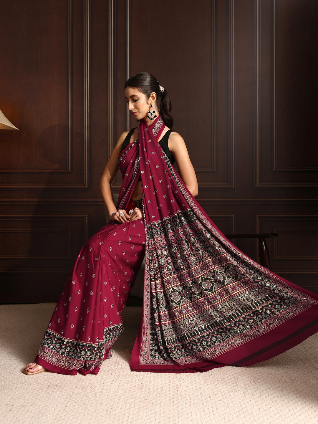Libas Maroon Ajrakh Print Mirror Work Satin Saree