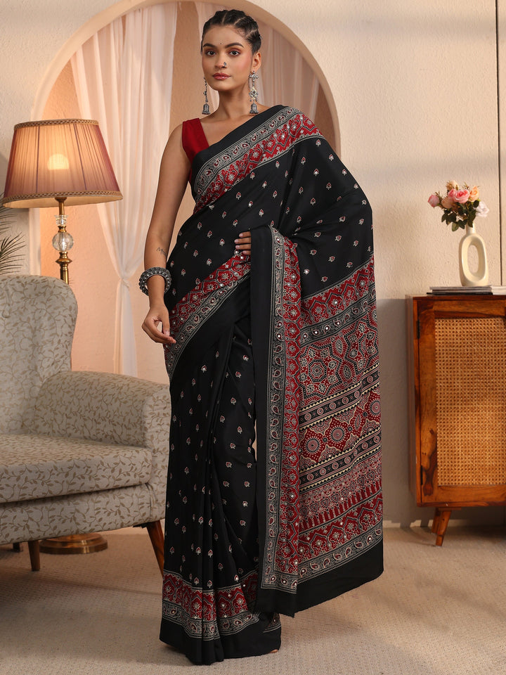 Libas Black Printed Mirror Work Satin Saree