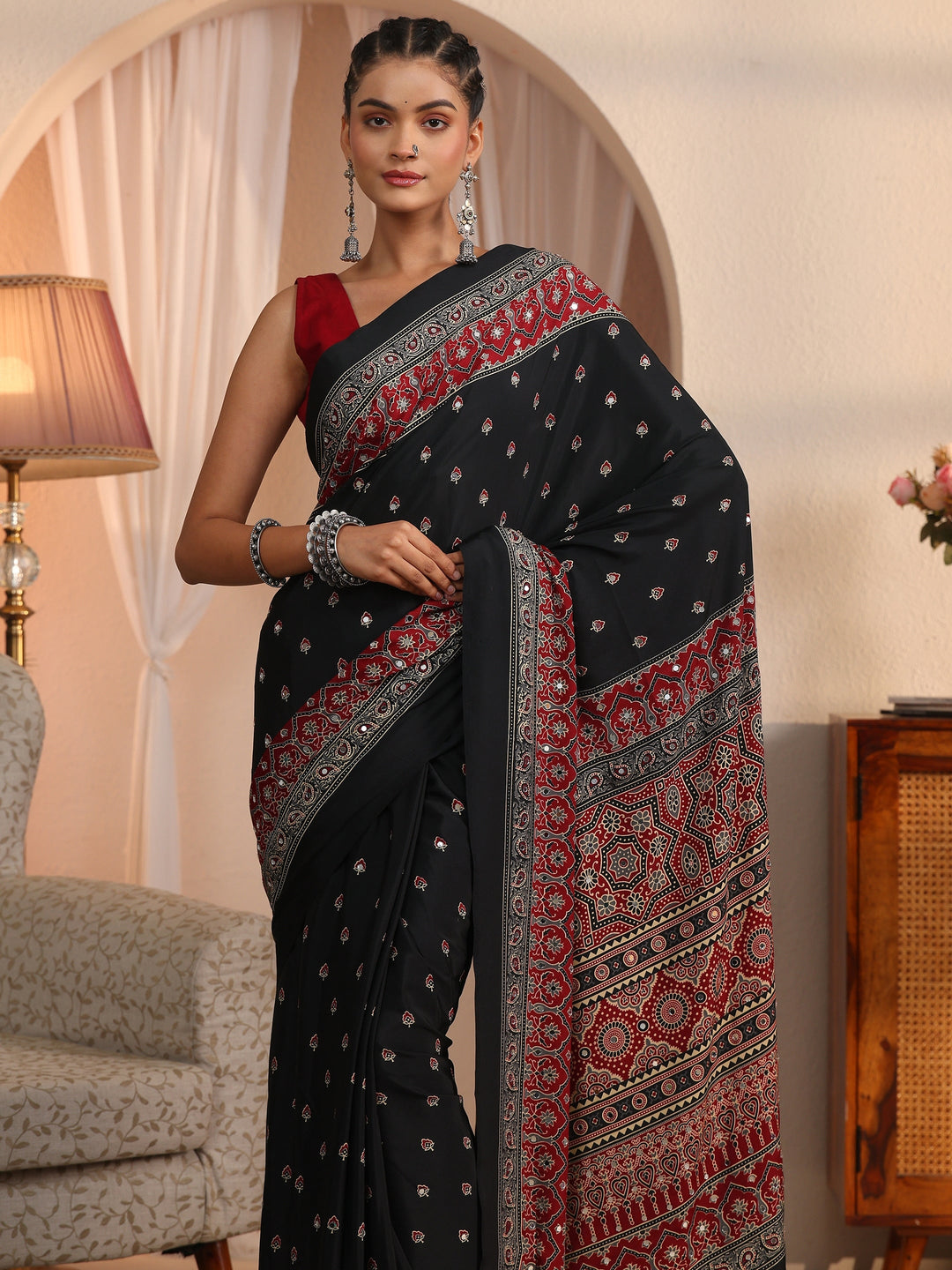 Libas Black Printed Mirror Work Satin Saree