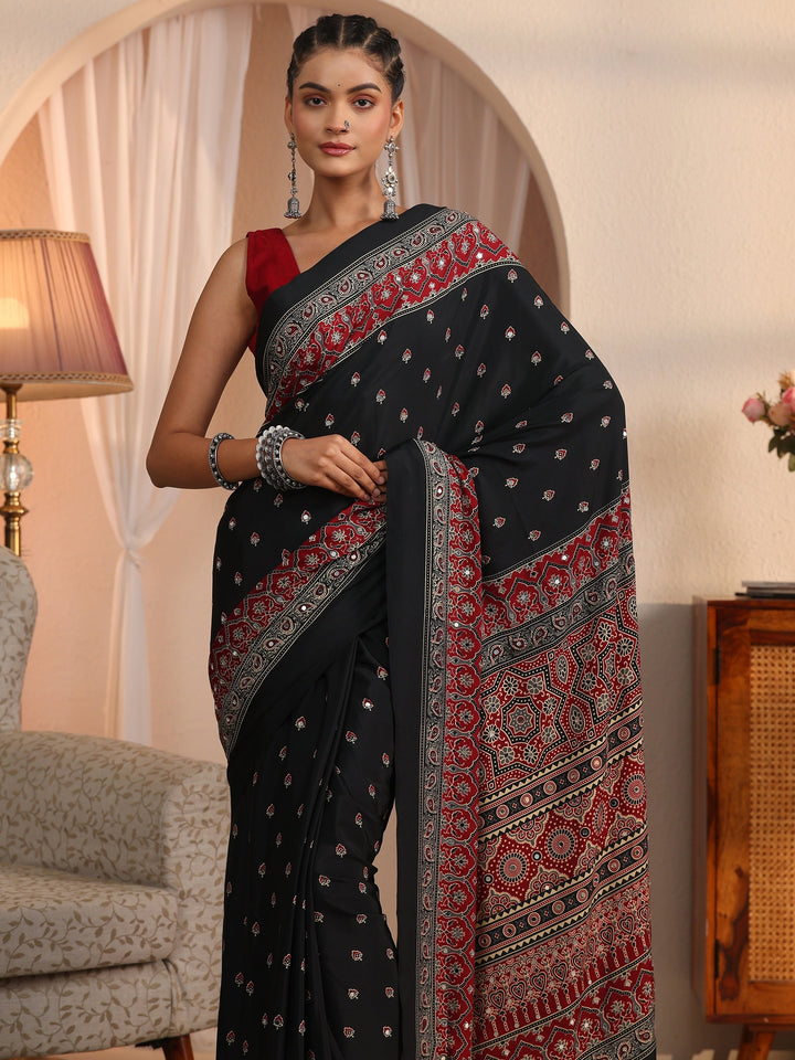 Libas Black Printed Mirror Work Satin Saree